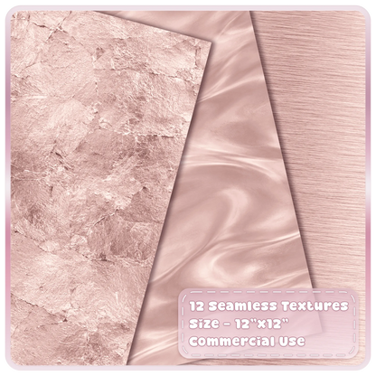 Blush champagne metallic digital paper textures showing distressed rose gold foil, silky satin and brushed pink metal