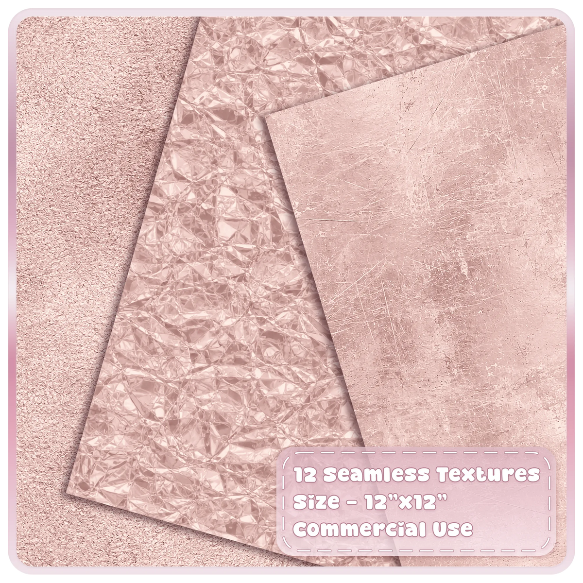 Seamless blush pink metallic textures featuring fine rose gold shimmer, crumpled foil and scratched champagne overlays