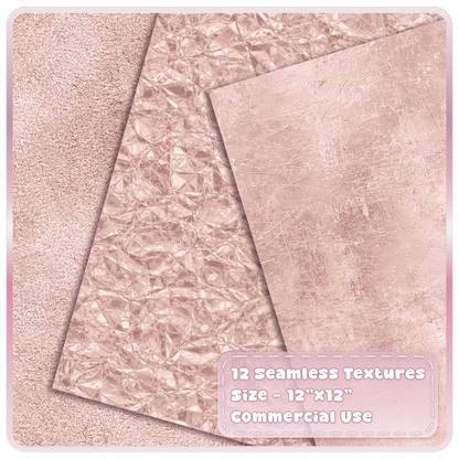 Seamless blush pink metallic textures featuring fine rose gold shimmer, crumpled foil and scratched champagne overlays