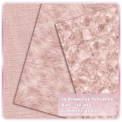 Blush pink metallic digital papers featuring woven linen, flowing brushed rose gold and reflective crystal textures