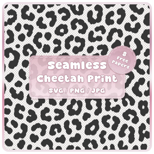 Seamless cheetah print pattern SVG PNG JPG digital download with bold black animal print spots and 8 colour examples