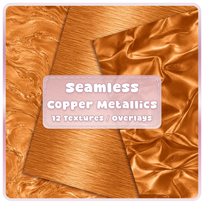 Burnished copper seamless metallic textures and overlays featuring copper marble, brushed metal and shiny folded foil digital papers