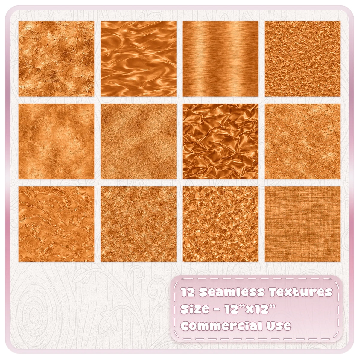 Collection of 12 seamless burnished copper metallic JPG digital papers with foil, satin, marble and distressed metal textures