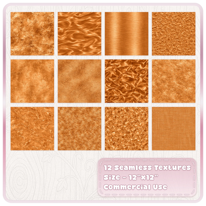 Collection of 12 seamless burnished copper metallic JPG digital papers with foil, satin, marble and distressed metal textures
