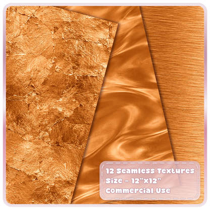 Burnished copper metallic digital paper textures showing distressed foil, smooth copper satin and brushed metal finishes