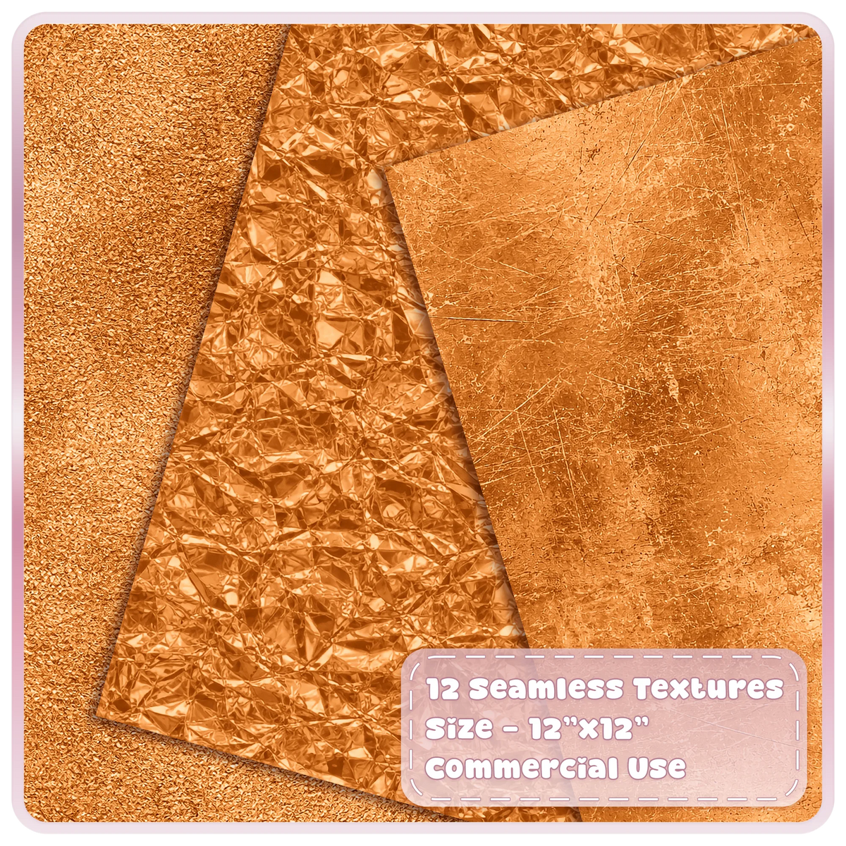 Seamless copper metallic textures featuring rough copper shimmer, crumpled foil and scratched distressed metal overlays
