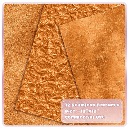 Seamless copper metallic textures featuring rough copper shimmer, crumpled foil and scratched distressed metal overlays