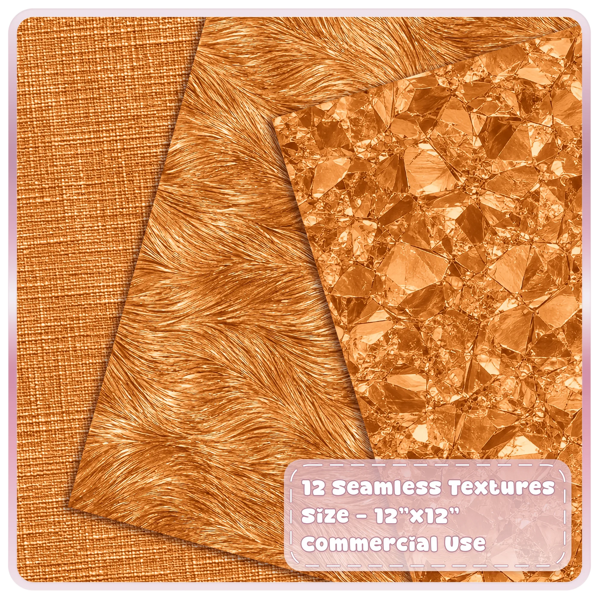 Copper metallic digital papers featuring woven linen texture, flowing brushed copper and reflective crystal patterns