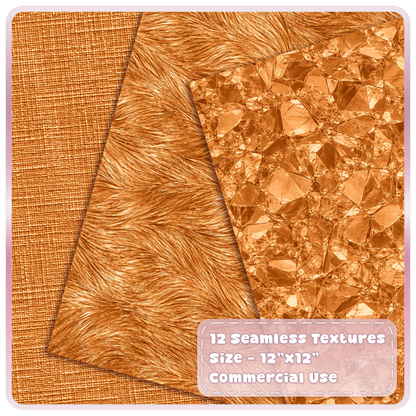Copper metallic digital papers featuring woven linen texture, flowing brushed copper and reflective crystal patterns