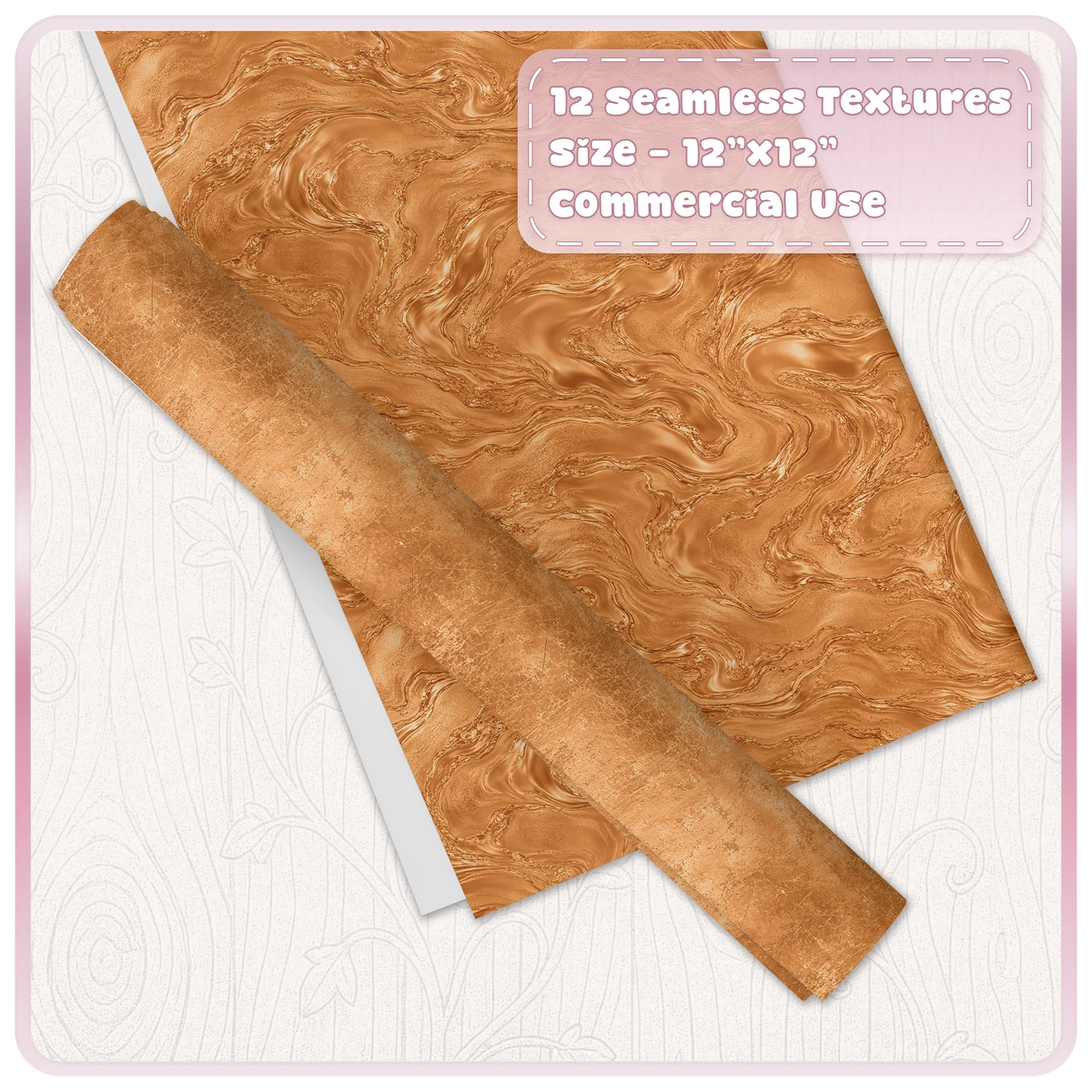Seamless burnished copper marble digital paper with rolled distressed copper metallic texture overlay for creative designs
