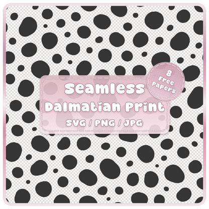 Seamless Dalmatian print pattern SVG PNG JPG digital download with black irregular animal spots and 8 colour examples