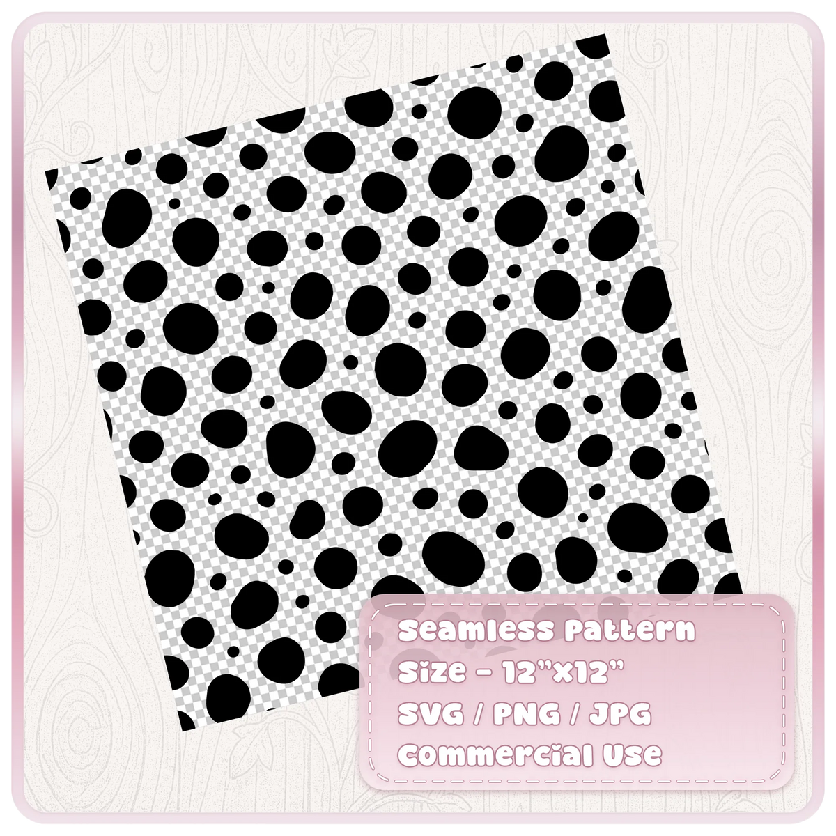 Black Dalmatian spot seamless pattern on transparent background in editable SVG PNG and JPG formats