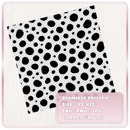 Black Dalmatian spot seamless pattern on transparent background in editable SVG PNG and JPG formats