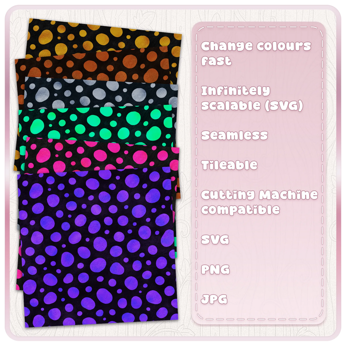 Dalmatian print colour examples in gold rust silver green pink and purple on dark backgrounds