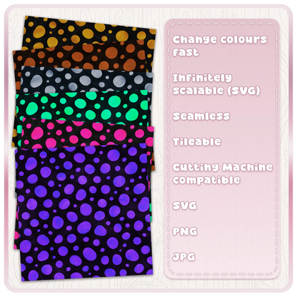 Dalmatian print colour examples in gold rust silver green pink and purple on dark backgrounds