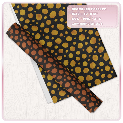Gold and rust Dalmatian spot seamless pattern shown on decorative paper and wrapping paper mockup