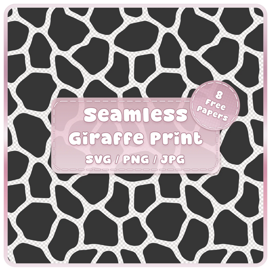 Seamless giraffe print pattern SVG PNG JPG digital download with bold black animal print patches and 8 colour examples