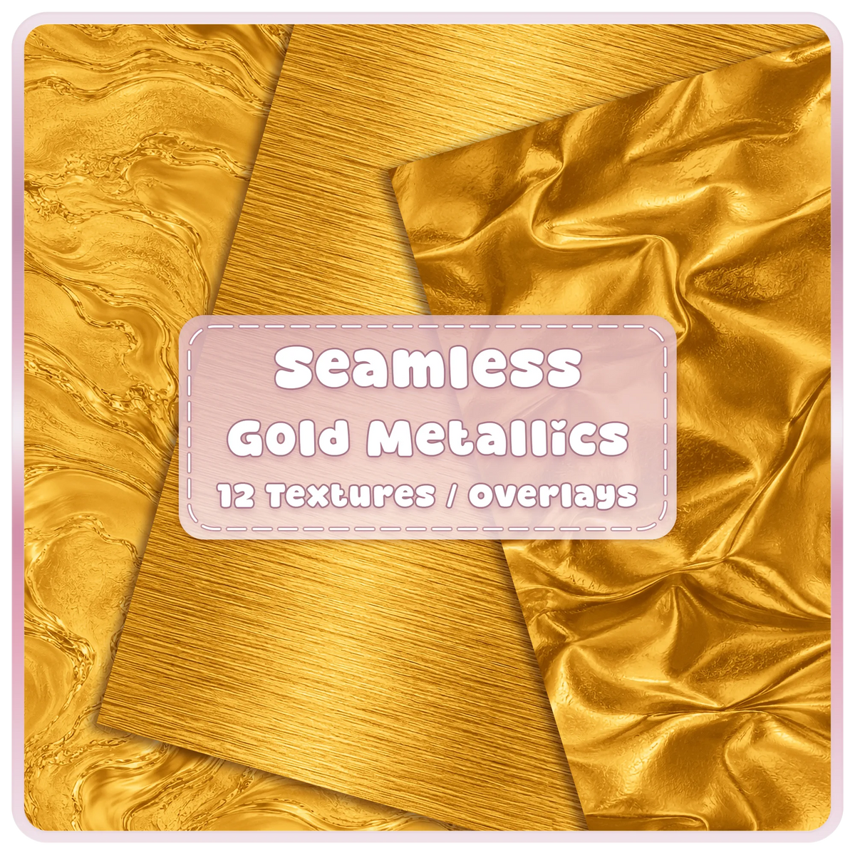 Gold seamless metallic textures and overlays featuring flowing gold marble, brushed metal and shiny folded foil digital papers