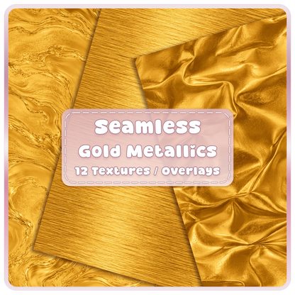Gold seamless metallic textures and overlays featuring flowing gold marble, brushed metal and shiny folded foil digital papers