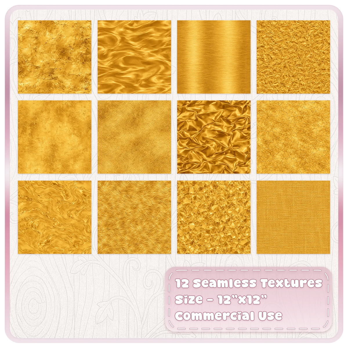 Collection of 12 seamless gold metallic JPG digital papers featuring gold leaf, satin, brushed metal and distressed textures