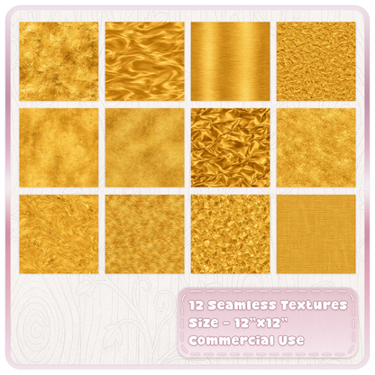Collection of 12 seamless gold metallic JPG digital papers featuring gold leaf, satin, brushed metal and distressed textures