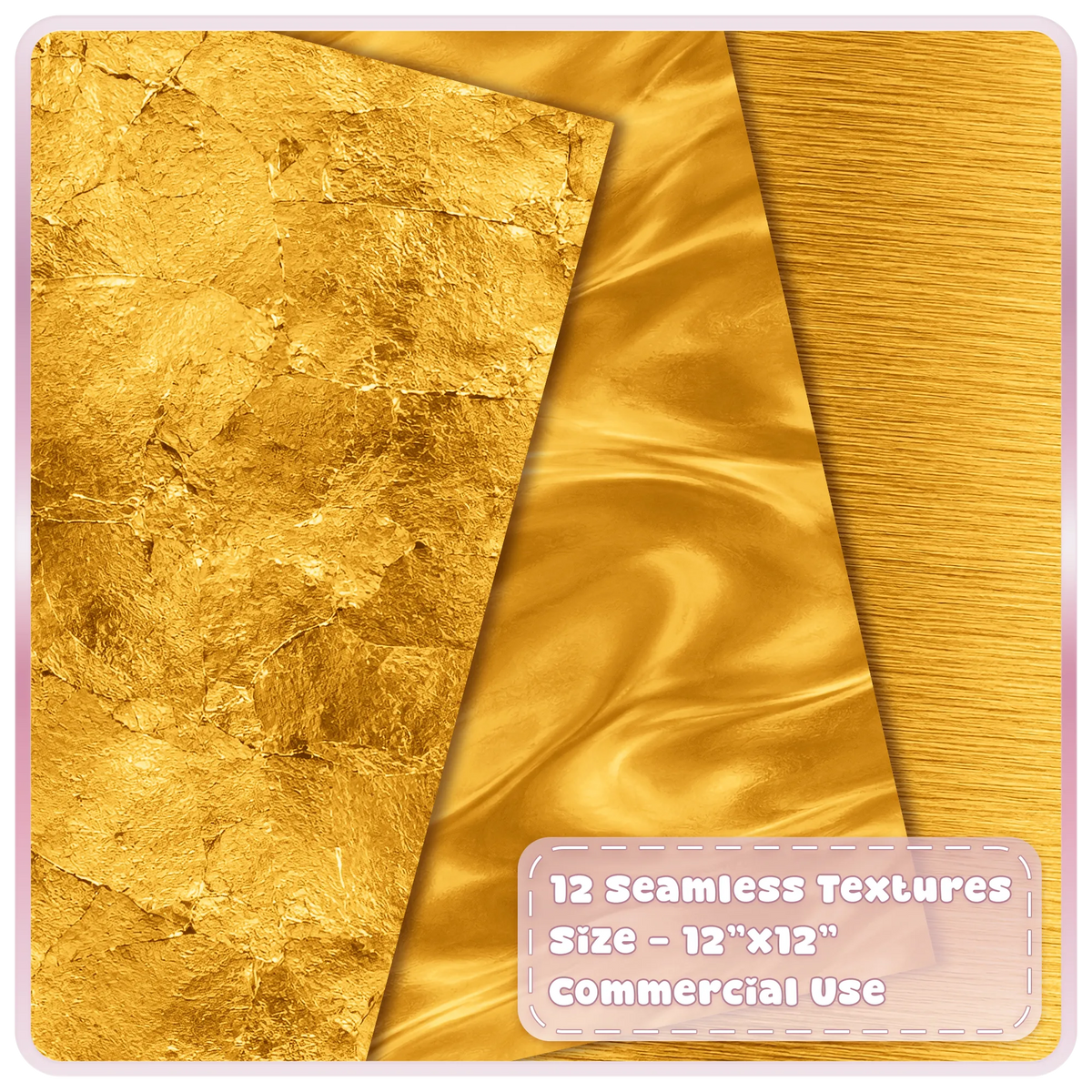 Gold metallic digital paper textures showing distressed gold leaf foil, smooth flowing satin and brushed metal finishes