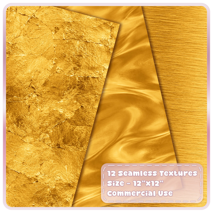 Gold metallic digital paper textures showing distressed gold leaf foil, smooth flowing satin and brushed metal finishes