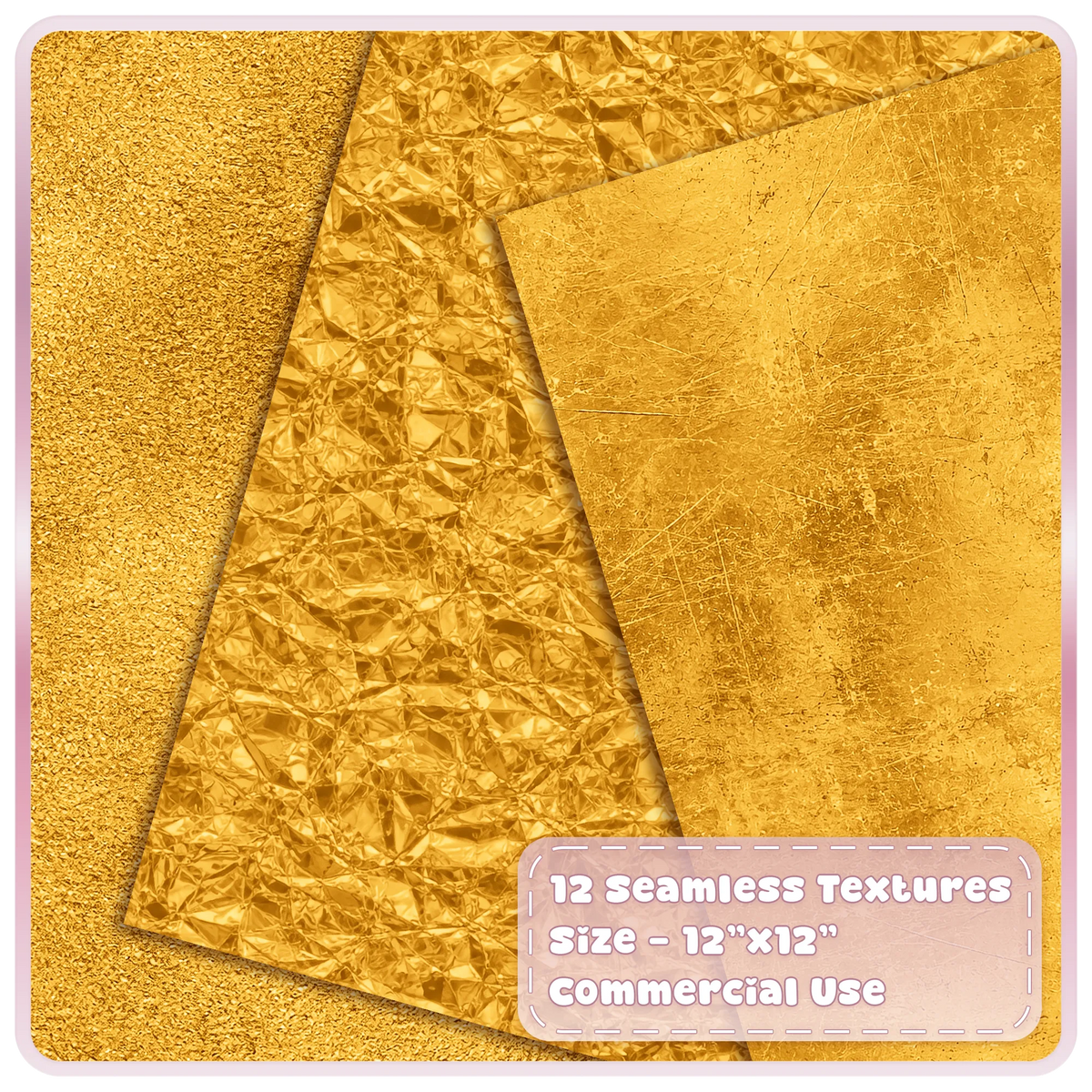 Seamless gold metallic textures featuring rough gold shimmer, crumpled foil and scratched distressed metal overlays