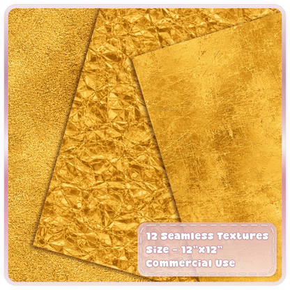 Seamless gold metallic textures featuring rough gold shimmer, crumpled foil and scratched distressed metal overlays