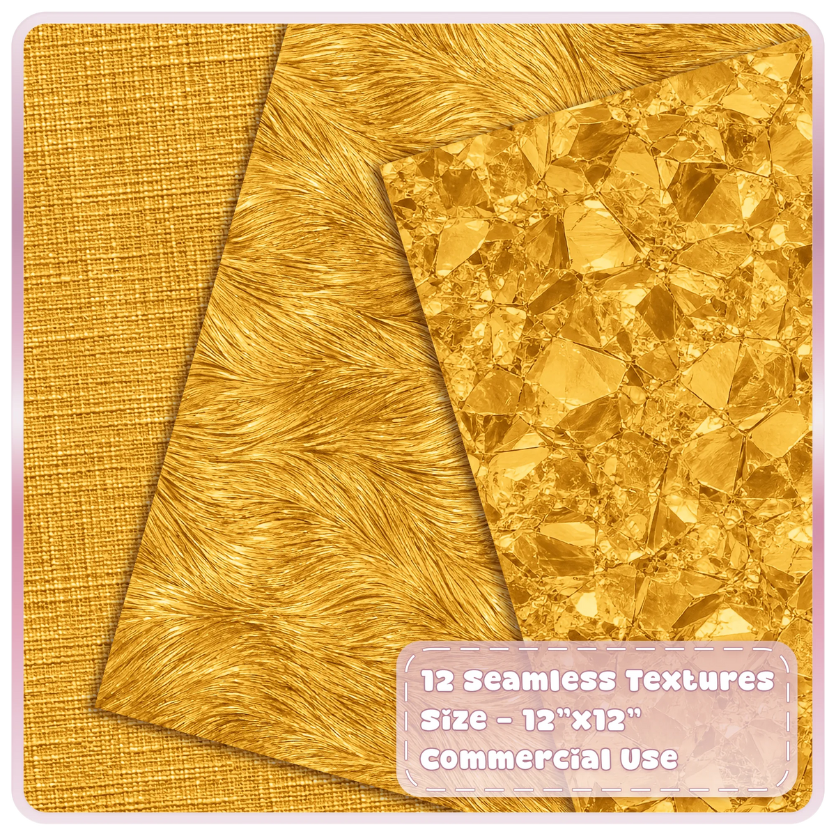 Gold metallic digital papers featuring woven linen texture, flowing brushed gold and reflective crystal patterns
