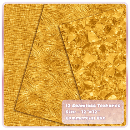 Gold metallic digital papers featuring woven linen texture, flowing brushed gold and reflective crystal patterns
