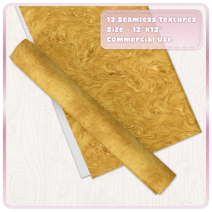 Seamless gold marble digital paper with rolled distressed metallic gold texture for scrapbooking and printable crafts