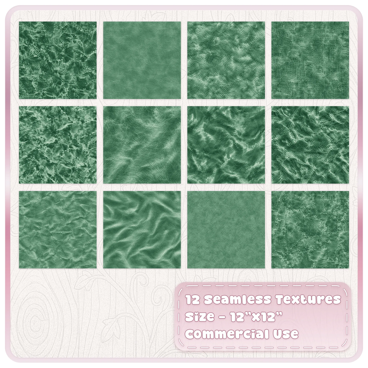 12 seamless green velvet textures showing crushed, smooth, brushed and plush green digital paper designs