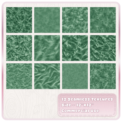 12 seamless green velvet textures showing crushed, smooth, brushed and plush green digital paper designs