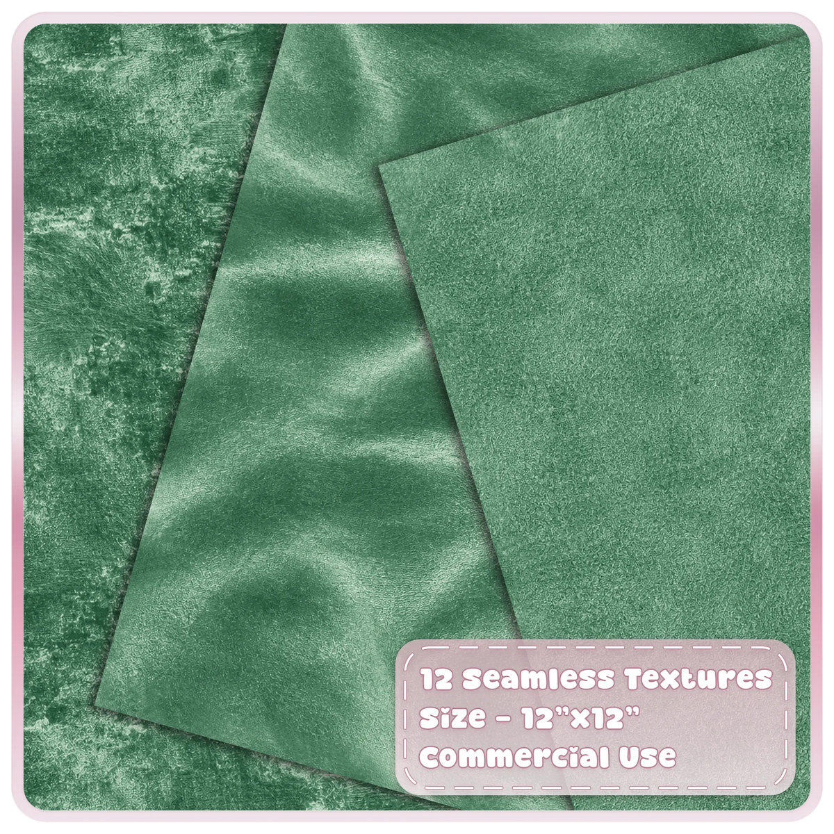 Green velvet digital papers featuring smooth, crushed and finely textured seamless fabric backgrounds
