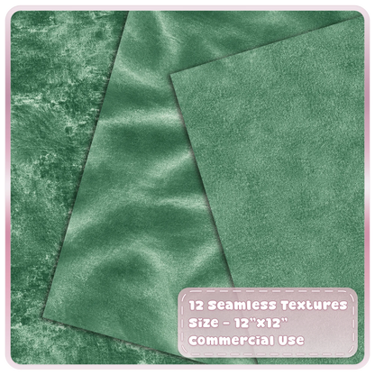 Green velvet digital papers featuring smooth, crushed and finely textured seamless fabric backgrounds