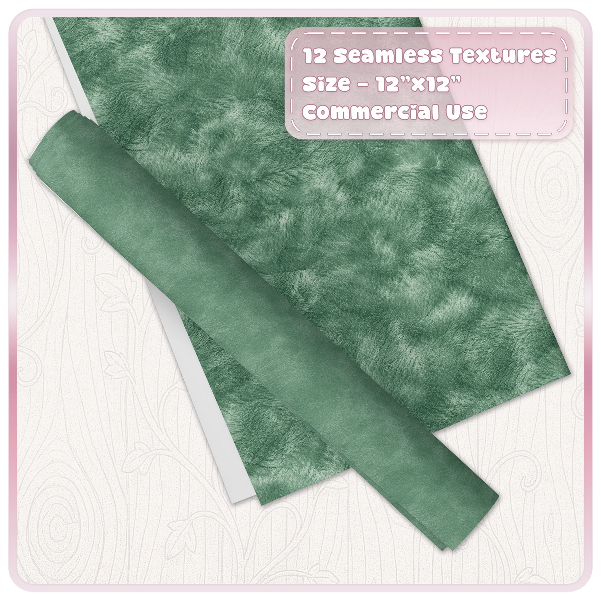 Seamless green velvet digital paper shown as luxury printable fabric texture sheets and rolled paper