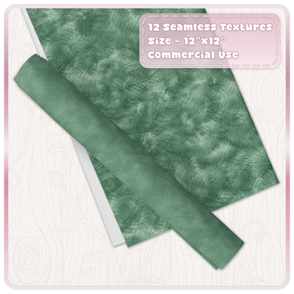 Seamless green velvet digital paper shown as luxury printable fabric texture sheets and rolled paper