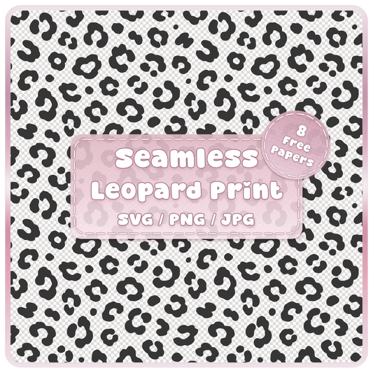 Seamless leopard print pattern SVG PNG JPG digital download with black animal print spots and 8 colour examples