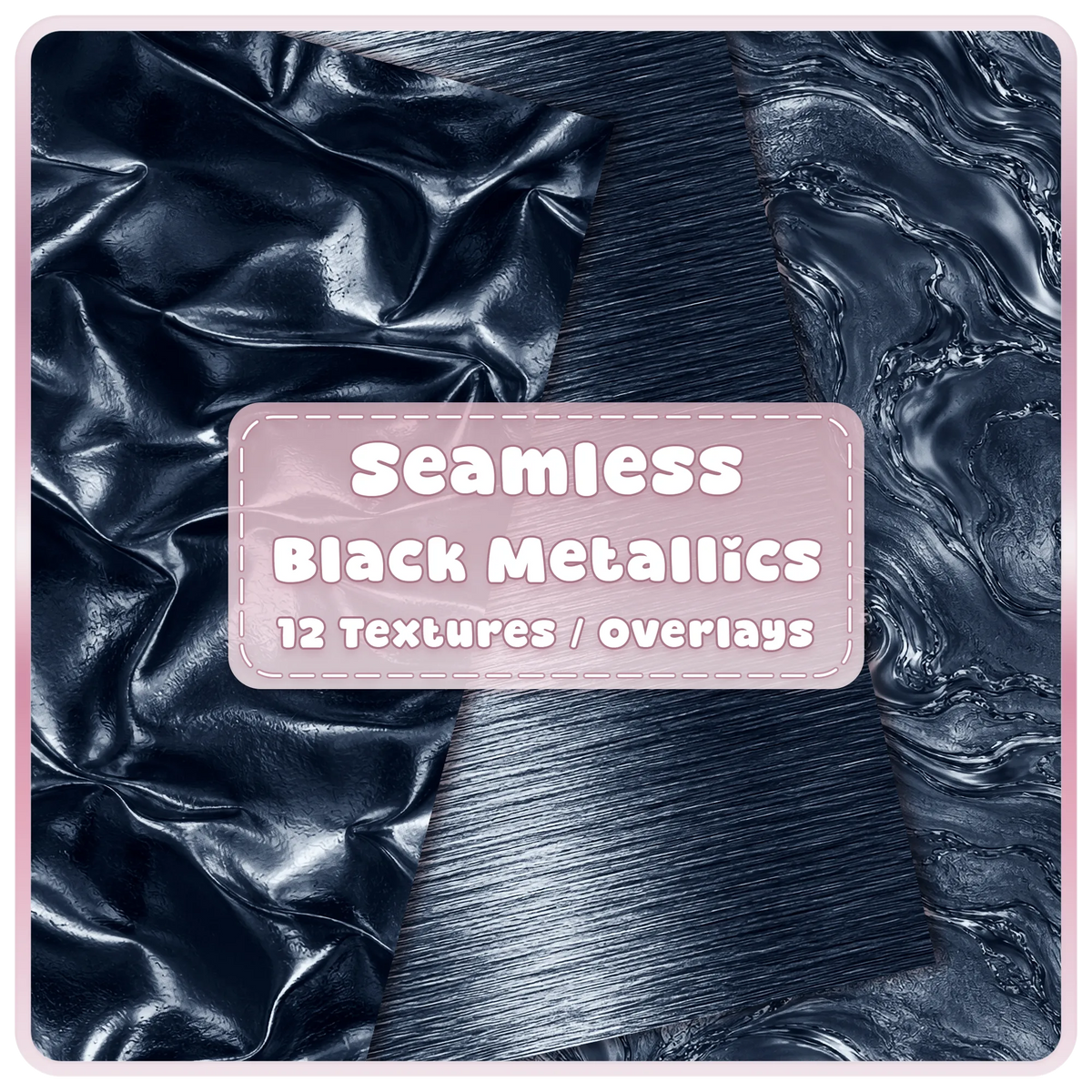 Black chrome seamless metallic textures bundle with glossy crumpled foil, brushed metal and liquid chrome backgrounds.