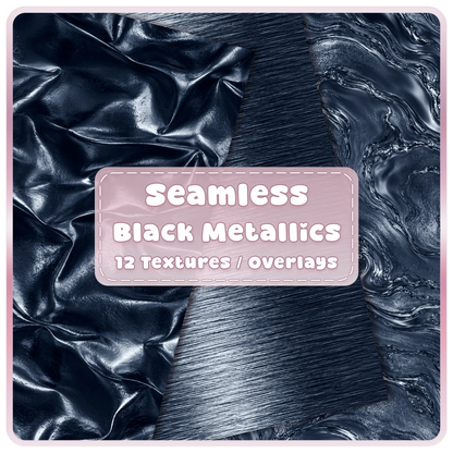 Black chrome seamless metallic textures bundle with glossy crumpled foil, brushed metal and liquid chrome backgrounds.