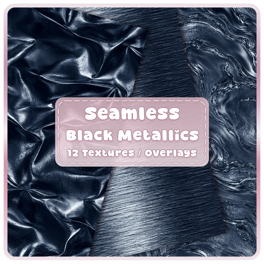 Black chrome seamless metallic textures bundle with glossy crumpled foil, brushed metal and liquid chrome backgrounds.