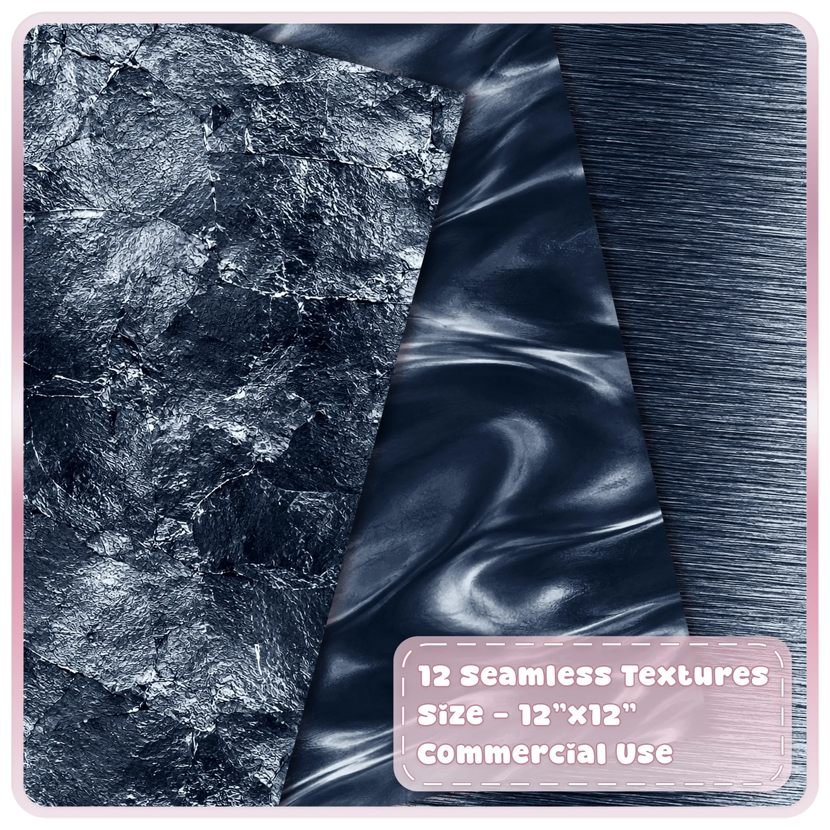 Black metallic digital paper samples featuring distressed chrome foil, glossy liquid metal and brushed steel textures.