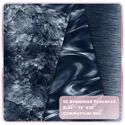 Black metallic digital paper samples featuring distressed chrome foil, glossy liquid metal and brushed steel textures.