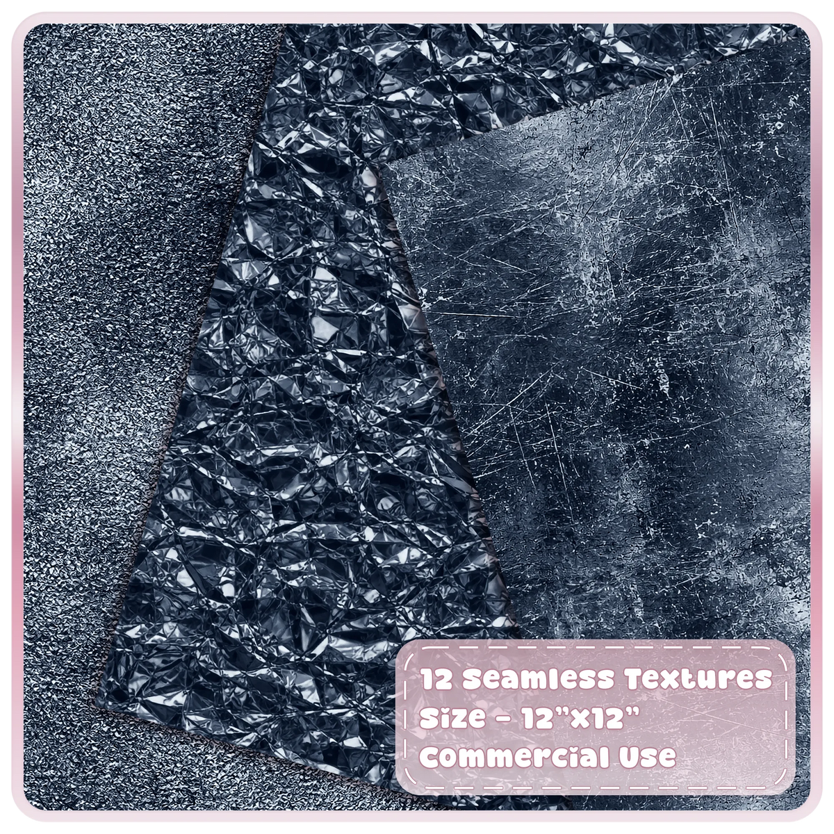 Seamless black chrome texture overlays showing rough metallic grain, crumpled foil and scratched distressed metal.