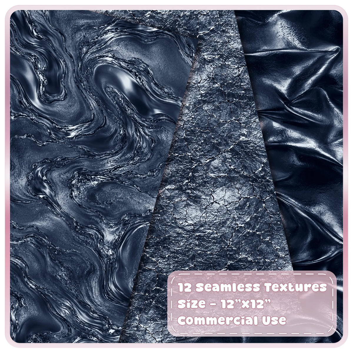 Dark chrome seamless backgrounds featuring swirling liquid metal, cracked metallic texture and glossy folded foil.