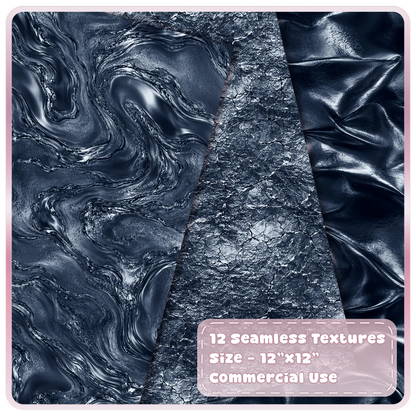Dark chrome seamless backgrounds featuring swirling liquid metal, cracked metallic texture and glossy folded foil.
