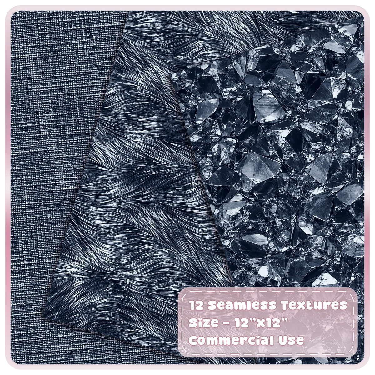 Black metallic JPG texture samples featuring woven metal, flowing brushed chrome and reflective crystal-like foil.