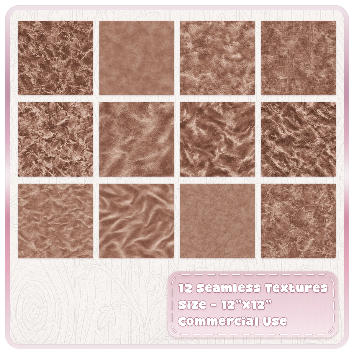 12 seamless mocha brown velvet textures showing crushed, smooth, brushed and plush brown digital papers