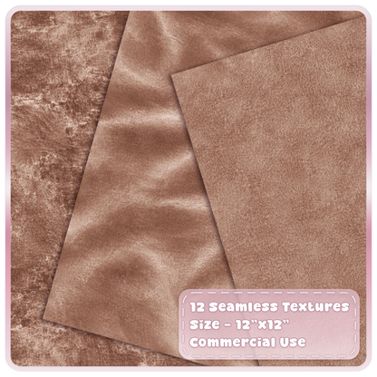Mocha brown velvet digital papers featuring smooth, crushed and fine textured seamless fabric backgrounds